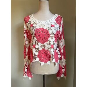 Cottage boho Pink White Floral Crochet Knit Top Boho Long Sleeve S/M granny y2k‎